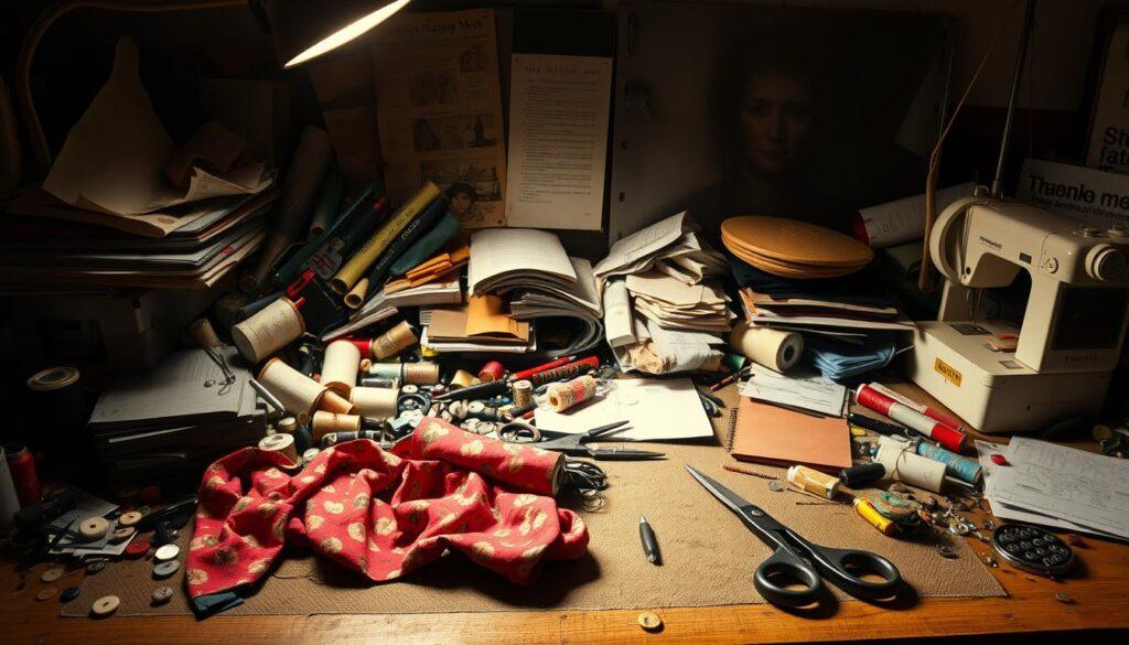 A cluttered workspace strewn with sewing essentials - spools of thread, scattered buttons, mismatched fabric swatches, and ill-fitting patterns. Harsh overhead lighting casts long shadows, emphasizing the disorganized chaos. In the foreground, a crumpled fabric bolt lies neglected, its vibrant print clashing with the drab surroundings. The middle ground features a jumble of tools - scissors, pins, and a worn-out seam ripper - hinting at frustrated attempts. Brooding shadows loom in the background, conveying a sense of overwhelming frustration with common fabric selection mistakes. A cautionary tale of the consequences of poor planning and preparation.