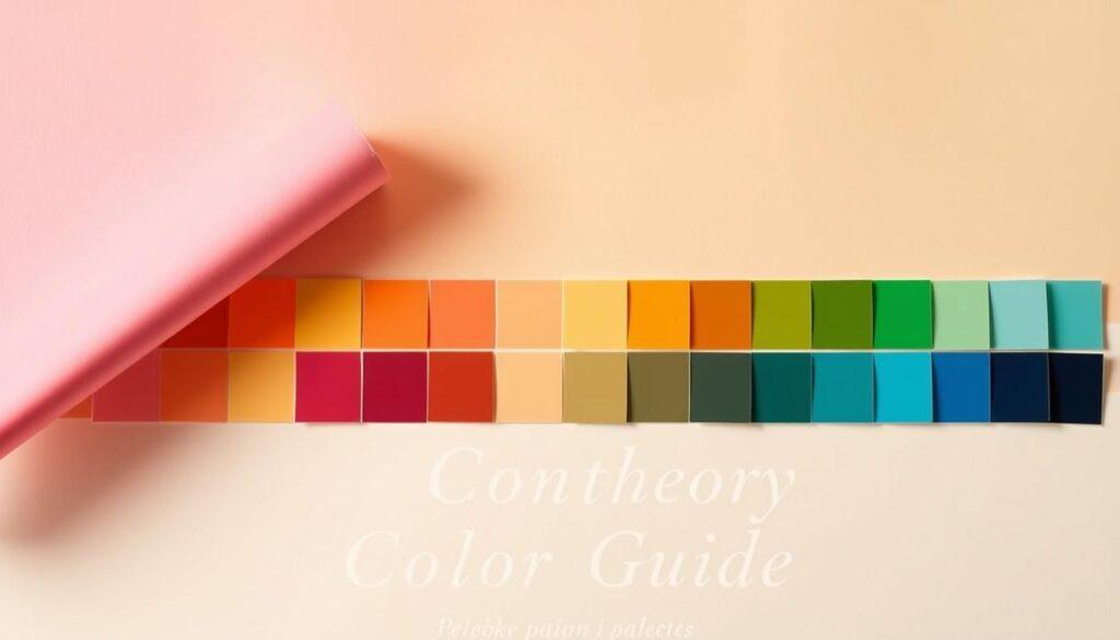 A meticulously curated color theory visual guide, showcasing a harmonious arrangement of vibrant hues and complementary palettes. The foreground features a clean, minimalist layout with expertly paired color swatches, seamlessly blending into a soft, gradient-based background. Soft, diffused lighting creates a sense of depth and dimension, highlighting the nuanced interplay of colors. The overall composition exudes a refined, sophisticated aesthetic, inviting the viewer to explore the intricacies of color theory and its practical applications in costume design.