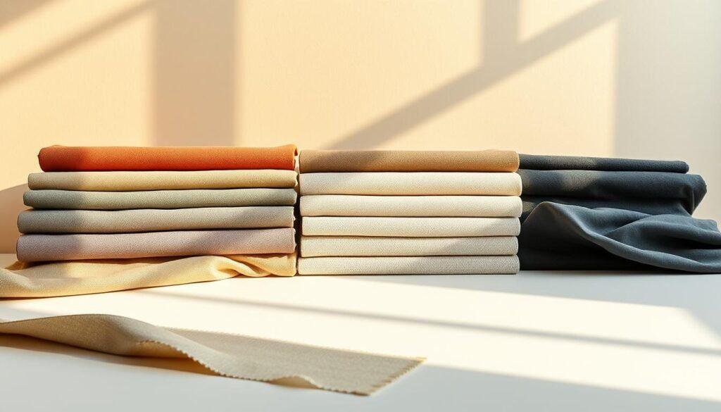 A sleek and modern tabletop setup showcasing an array of eco-friendly fabric swatches arranged in a grid pattern. Warm, natural lighting illuminates the scene, casting soft shadows and highlighting the textures and weaves of the materials. In the foreground, the fabrics are displayed on a clean, minimalist surface, allowing their vibrant colors and sustainable qualities to take center stage. The middle ground features a subtle backdrop, perhaps a plain wall or seamless paper, creating a simple yet elegant setting. The overall mood is one of refined sophistication, inviting the viewer to closely examine and compare the cost-quality tradeoffs of these environmentally conscious textiles.
