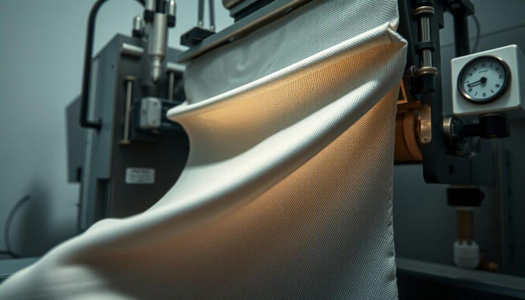 A well-lit, close-up view of a fabric sample undergoing durability testing on a specialized machine. The fabric is being stretched, creased, and rubbed against a rough surface to assess its resilience and longevity. The machine's mechanisms and gauges are visible, providing a technical, industrial atmosphere. Bright, directional lighting illuminates the fabric's texture and weave, accentuating its intricate details. The camera angle is slightly elevated, creating a sense of observation and analysis. The overall mood is one of scientific inquiry and the pursuit of practical, real-world performance data to guide informed fabric choices.