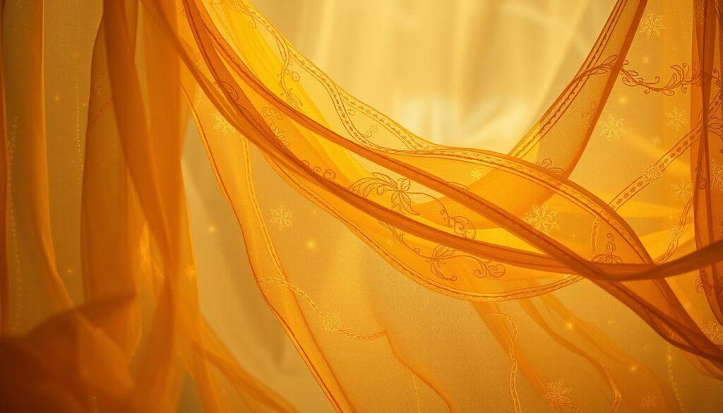 Enchanted storybook textiles drape gracefully across the frame, illuminated by warm, golden lighting. Delicate, intricate patterns dance across the fabric, as if imbued with a magical energy. The soft, flowing folds create a sense of dreamlike wonder, transporting the viewer to a realm of fairytale fantasy. Wispy, ethereal layers cascade in the foreground, while shimmering threads of color weave through the middle ground, leading the eye deeper into the scene. The background is shrouded in a hazy, atmospheric mist, adding to the sense of mystery and enchantment. The entire composition evokes a feeling of timeless, whimsical beauty, perfectly capturing the essence of "Creating Enchanted Drape and Flow".