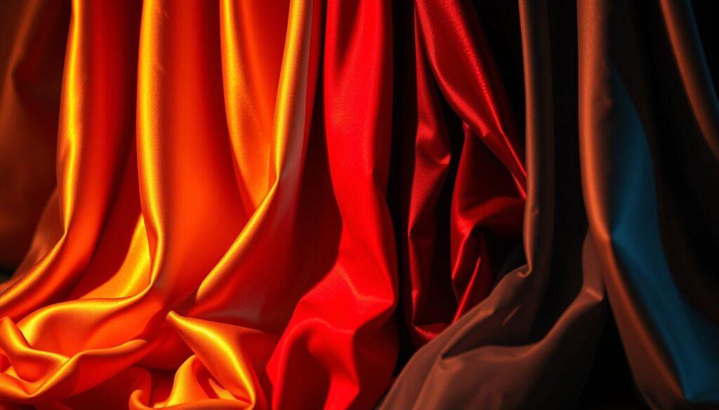 a detailed closeup shot of a variety of lush, high-quality costume fabrics, including satin, velvet, brocade, and chiffon, illuminated by warm, dramatic stage lighting from multiple angles, creating a rich, textural, and visually captivating scene that showcases the luxurious nature and visual appeal of these materials for costume design