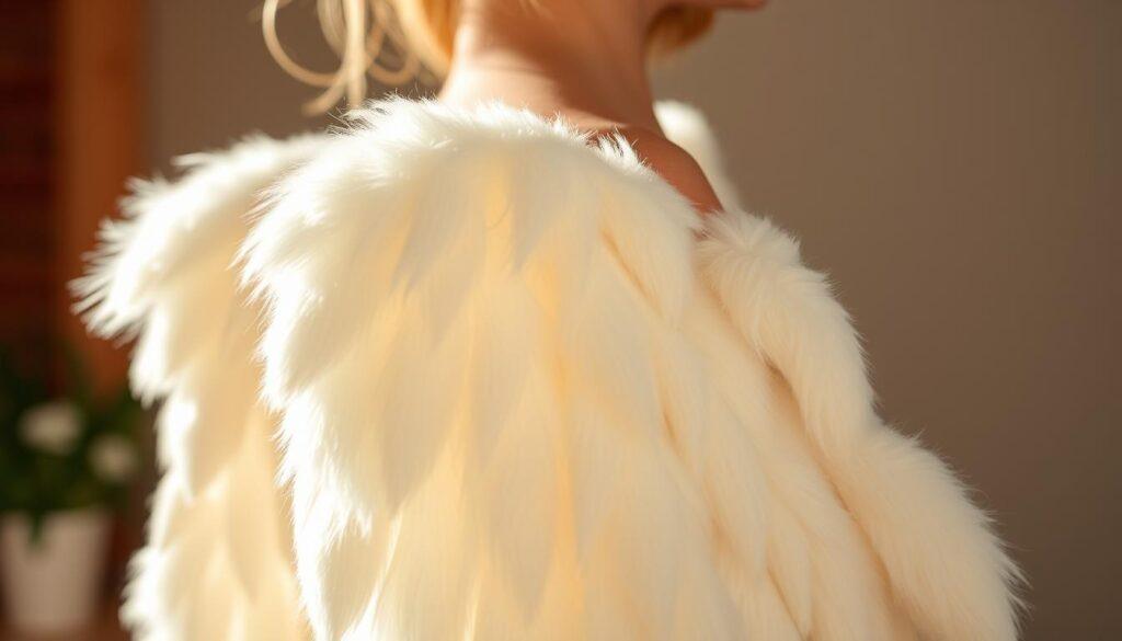 Soft, comfortable foam wings with padded shoulder straps. The wings have a lightweight, airy construction with a fluffy, cloud-like texture. The shoulder pads are made of soft, supple material that gently cradles the wearer's shoulders, evenly distributing the weight for long-lasting comfort. The adjustable straps allow for a secure, customizable fit. Warm, natural lighting illuminates the wings from the side, highlighting their delicate, wispy details. The wings are photographed from a low angle, giving a sense of enchantment and whimsy.
