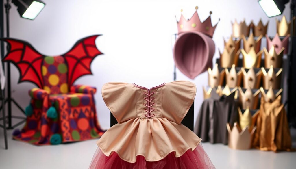 A brightly lit studio setting showcasing an array of inclusive and adaptive fairytale costumes. In the foreground, a princess-style capelet with sensory-friendly textures and adjustable fastenings. Behind it, a pair of dragon wing chair covers in vibrant colors and patterns, designed for easy use by those with mobility challenges. In the background, a collection of playful crown headbands in metallic tones, with soft interiors and flexible constructions. The costumes are lit from multiple angles, creating depth and highlighting their intricate details. The overall atmosphere is one of joyful inclusivity, where accessibility and whimsy seamlessly coexist.