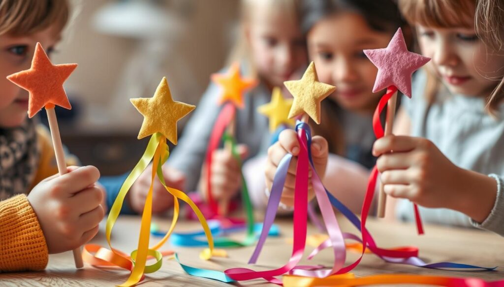 A playful scene of kids' hands crafting DIY wands with vibrant foam stars. The wands are composed of sturdy wooden dowels, ribbons in a rainbow of colors flow from the handles. Soft, diffused lighting illuminates the focused expressions of the young creators as they imaginatively decorate their magical accessories. The composition places the wand-making process in the foreground, with a blurred background hinting at a cozy, craft-friendly environment. An atmosphere of youthful wonder and creativity pervades the image, inviting the viewer to join in the enchanting, hands-on experience.