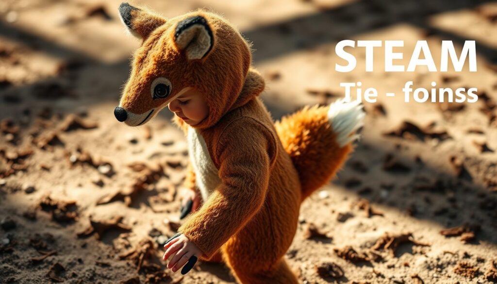 A whimsical eco-felt animal costume for a child, designed to engage their STEAM (Science, Technology, Engineering, Art, and Math) curiosity. The costume features a fuzzy, textured deer or fox silhouette, crafted from sustainable, earth-toned felt. Intricate details like ears, eyes, and paws add lifelike authenticity. Soft, diffused lighting illuminates the costume, casting gentle shadows that hint at the creature's woodland habitat. The composition emphasizes the costume's interaction with the environment, capturing the child's sense of exploration and discovery. Subtle cues like tracks or nocturnal elements subtly tie the image to the "STEAM Tie-Ins: habitats, tracks, nocturnal vs diurnal" theme.