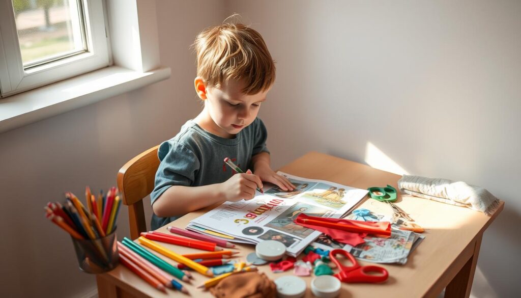 A young child sitting at a small desk, intently focused on creating a mood board for a storybook character costume. Vibrant colored pencils, scissors, magazines, and scraps of fabric surround them, creating a creative and engaging workspace. Soft natural light filters through a nearby window, casting a warm glow on the scene. The child's expression is one of deep concentration, as they carefully select and arrange visual elements to capture the essence of their chosen character. The background is minimalist, allowing the child's creative process to take center stage.
