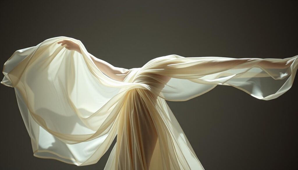 Breathable, temperature-regulating costume fabrics with flat, invisible seams and a soft, tactile texture. Sheer, moisture-wicking layers in a neutral color palette, arranged in a dynamic, sculptural composition that evokes the graceful movement of a dancer. Dramatic lighting from above casts dynamic shadows, highlighting the organic folds and drapes. The overall mood is one of effortless elegance and comfort, conveying the essence of adaptive, sensory-friendly fashion.