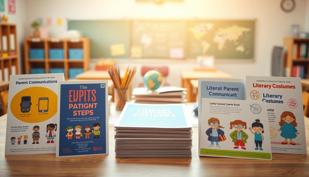 A beautifully arranged flat lay of various parent communication templates for school events, prominently featuring colorful and engaging designs. The foreground showcases multiple templates, each depicting different themes like literary costumes for an event, with playful illustrations of books and characters, adorned with fun graphics. In the middle, there's a neatly stacked pile of templates against a backdrop of a wooden desk, which is subtly decorated with school supplies like pencils and a small globe. The background reveals a soft-focus view of a classroom environment, bathed in warm, natural lighting that creates an inviting atmosphere. Ideal for showcasing organized communication, the overall mood is cheerful and educational, encouraging family involvement in school activities.