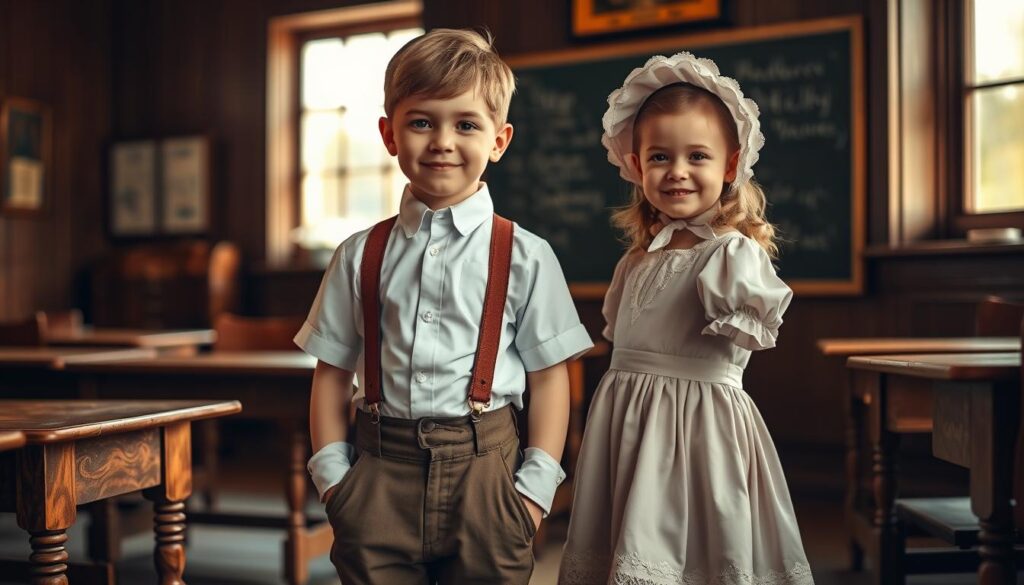 A charming Victorian-era children's outfit, showcasing a young boy and girl. The boy, around 10 years old, wears a neatly tailored, short-sleeved shirt with soft suspenders, paired with knee-length trousers and classic leather boots. The girl, slightly younger, is dressed in a frock with puffed sleeves, adorned with lace trim and a matching bonnet. Their faces are clean and cheerful, reflecting the innocence of childhood with soot-free makeup enhancing their features. The scene is set in a cozy classroom with wooden desks and a chalkboard in the background, illuminated by warm, natural light from a nearby window. The angle is slightly tilted to emphasize their playful expressions, encapsulating the spirit of creativity and invention in a Victorian setting. The atmosphere is lively and nostalgic, inviting the viewer to step back in time.