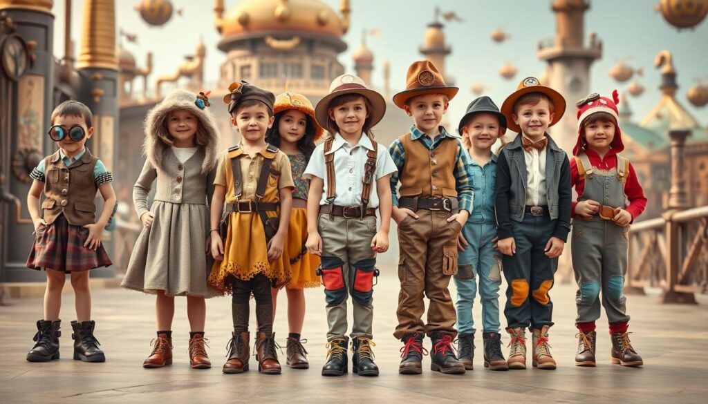 A vibrant and inclusive steampunk outfit design for children, featuring an array of styles suitable for different body types and backgrounds. In the foreground, showcase a diverse group of kids wearing adjustable and adaptive clothing, like a whimsical vest with gears and goggles, a flowing skirt with pockets, and comfy trousers with vibrant patches. The middle ground includes playful accessories such as a mechanical arm piece, decorative hats, and unique shoes. In the background, a fantastical steampunk environment with Victorian-inspired architecture, adorned with brass pipes and whimsical airships. Soft, warm lighting creates a joyful and adventurous atmosphere, captured from a slightly elevated angle to highlight the creativity and inclusivity of the designs, ensuring the overall mood is one of excitement and imaginative play.
