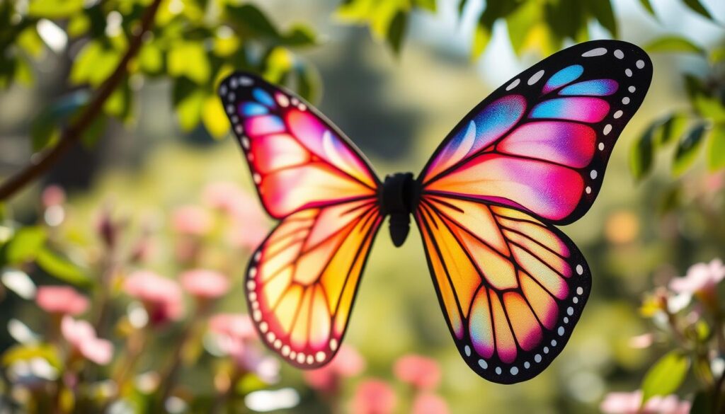 A beautifully designed pair of butterfly or fairy wings, featuring vibrant, iridescent colors that shimmer in the light. The wings are delicately attached to an innovative elastic harness, showcasing functional channels for quick and easy attachment. In the foreground, focus on the detailed craftsmanship of the wings, highlighting intricate patterns and textures reminiscent of real butterfly wings. The middle ground displays the elastic harness system, with clear visibility of its adjustable features and comfort design. In the background, a soft, dreamy garden landscape provides an enchanting atmosphere with gentle sunlight filtering through leaves. Use soft natural lighting to enhance the ethereal quality, creating a whimsical yet practical mood. Capture the scene from a slight angle to emphasize both the wings and the harness, showcasing their usability for costume creations.