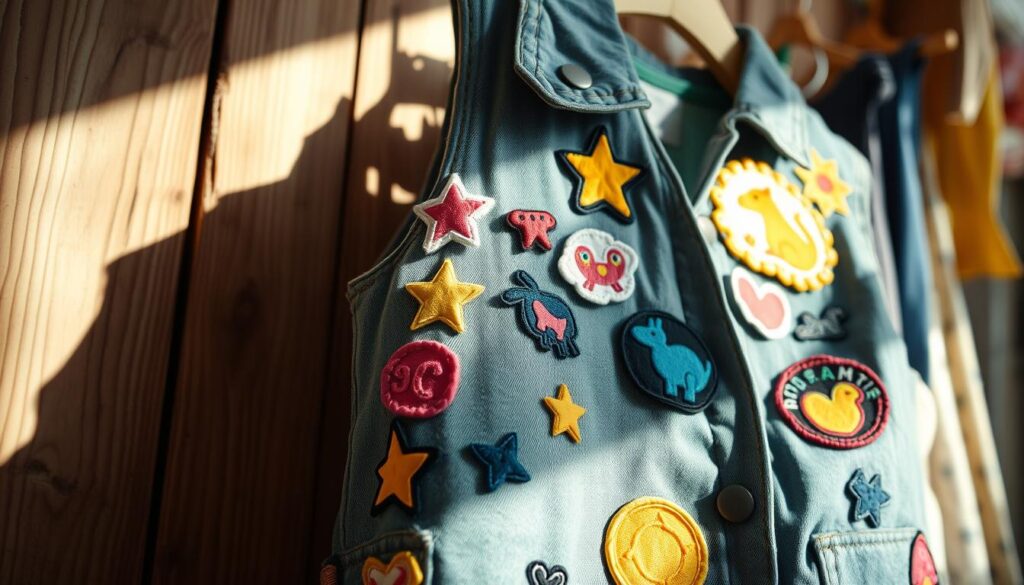 A close-up of a creatively upcycled vest showcasing vibrant thrift flip costume patches. The vest is adorned with an array of colorful, swappable Velcro patches, each featuring playful designs like stars, animals, and abstract patterns. The foreground highlights the texture of the fabric and patches, while the middle captures the vest hanging against a rustic wooden backdrop, emphasizing the DIY aesthetic. Soft, natural lighting illuminates the vest, casting gentle shadows that enhance its details. The background is slightly blurred to draw focus, with hints of hanging clothes and sewing accessories peeking through. The mood is whimsical and playful, inviting viewers into the world of creative upcycling and self-expression through fashion.