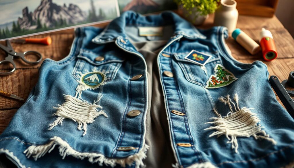A close-up view of a denim vest prominently featuring various distressing techniques. The foreground showcases frayed edges, subtle rips, and carefully placed patches adorned with nature-inspired embroidery, emphasizing an adventurous theme. In the middle, the vest is positioned on a rustic wooden table surrounded by tools like scissors, threads, and fabric glue, hinting at a DIY upcycling process. The background includes blurred images of a scenic outdoor landscape, like mountains or forests, enhancing the adventurer vibe. Soft, natural lighting illuminates the vest, casting gentle shadows that highlight the textures of the denim. The atmosphere is creative and inspiring, perfect for someone looking to transform everyday clothing into unique, adventurous attire.