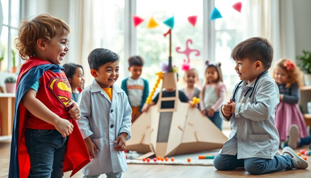 A colorful and engaging scene showing a group of diverse children engaged in imaginative dress-up play, set in a bright and inviting playroom. In the foreground, two children, one wearing a superhero cape and the other dressed as a doctor, enthusiastically interact with each other, showcasing expressions of joy and creativity. In the middle, a couple of kids are building a makeshift spaceship using cardboard, surrounded by various costumes and accessories. The background features a large window with soft, natural lighting filtering through, illuminating the vibrant colors of the costumes and decorations. The atmosphere is playful and warm, capturing the spirit of childhood growth through imaginative play. The image should convey a sense of exploration and learning, without any text or branding.