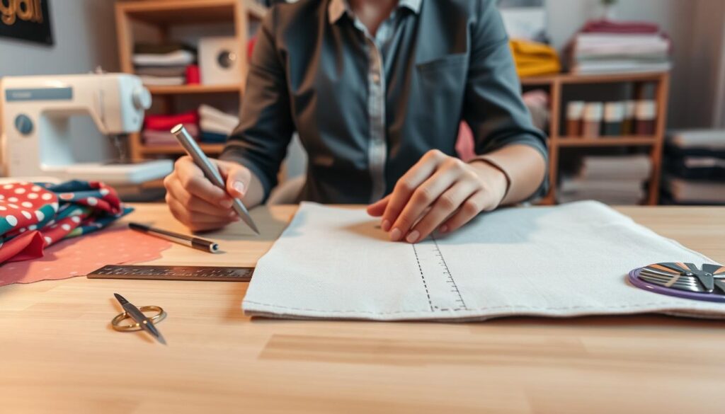 A hands-on demonstration of seam allowance marking and trimming, capturing a sewing workspace. In the foreground, a neatly arranged sewing table features colorful fabrics, a ruler, a pair of fabric scissors, and a marking tool, emphasizing precision. A person, dressed in professional casual attire, is seated at the table, carefully marking seam allowances on a fabric piece. In the middle ground, a close-up of the fabric shows clear markings and trimming where excess fabric is being cut away. In the background, soft ambient light illuminates the sewing machine and an organized shelf filled with sewing supplies. The mood is focused and creative, showcasing an engaging and instructional atmosphere, perfect for teaching essential sewing techniques in a cozy environment. The angle is slightly elevated, providing a comprehensive view of the work in progress.