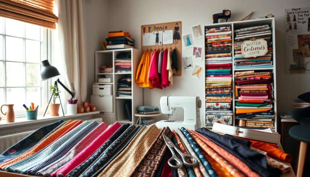 A stylish workspace dedicated to costume sewing, showcasing an organized fabric budget tier list. In the foreground, a beautifully arranged fabric swatch display with vibrant colors, textured patterns, and fabrics in varying prices—some are high-end silk and others are budget-friendly cotton. The middle ground features a sewing machine and scissors, surrounded by colorful threads and pinned patterns. In the background, a stylish fabric storage unit with neatly folded fabrics and an inspiring mood board filled with costume ideas. The scene is well-lit with soft, natural lighting coming from a nearby window, creating an inviting atmosphere that sparks creativity. The image captures a blend of organization and a creative spirit, perfect for costume sewing enthusiasts.