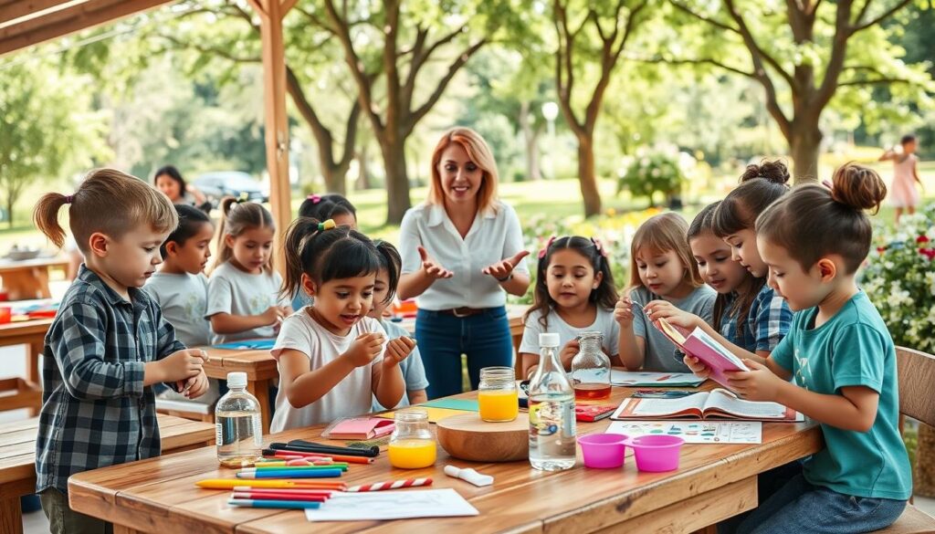 A vibrant and inviting educational scene for children, featuring an open outdoor classroom setting with wooden tables overflowing with colorful art supplies, science kits, and storytelling props. In the foreground, a group of diverse children, dressed in modest casual clothing, eagerly participate in various hands-on activities, like conducting a fun science experiment with bubbles and sharing stories with puppets. In the middle ground, a teacher animatedly guides them, radiating enthusiasm. The background includes a sunny park with green trees and cheerful flowers, creating a warm and engaging atmosphere. Soft, natural lighting enhances the joyful mood, capturing the essence of playful learning and creativity, with a focus on collaboration and discovery. The angle is slightly elevated to encompass the full scope of activities and interactions.