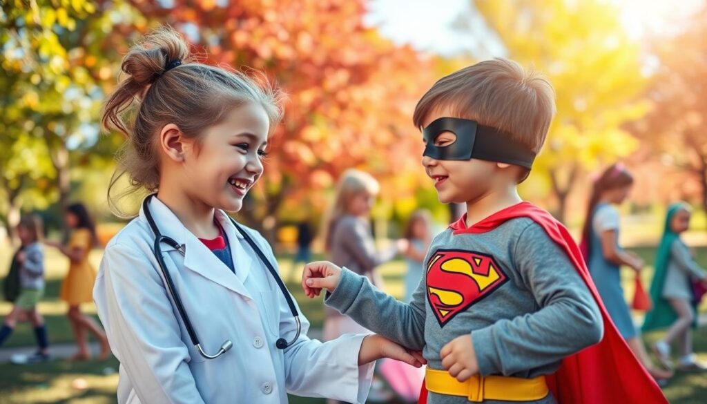 Two children engaged in imaginative role-switching play in a colorful, sunlit park. In the foreground, a young girl dressed as a doctor with a stethoscope around her neck pretends to check the heartbeat of a boy dressed as a superhero, wearing a cape and mask. Their expressions are joyful and engaging, showcasing a genuine connection. In the middle ground, other children are playing and interacting, some exchanging props and costumes, illustrating a lively atmosphere of collaboration. The background features vibrant trees and a bright blue sky, enhancing the cheerful and playful mood of the scene. Soft, warm lighting casts gentle shadows, creating an inviting and professional feel, reminiscent of a carefree day of imaginative play.