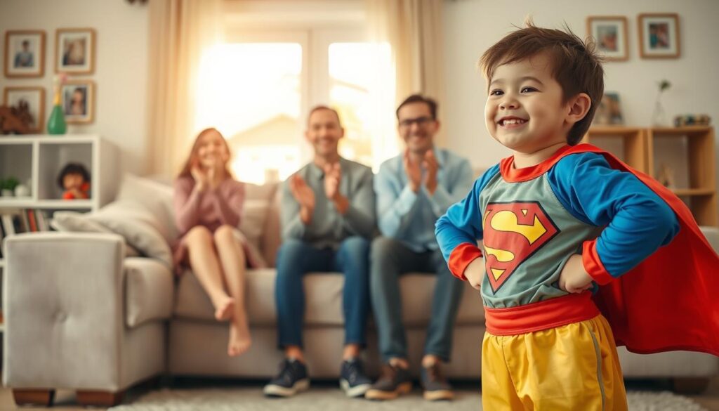 A joyful child dressed in a colorful costume, imitating a superhero, stands confidently in the living room, performing for an engaged family. In the foreground, the child strikes a playful pose, hands on hips, with a big smile showcasing their excitement and creativity. The parents and siblings in the middle distance sit on a cozy sofa, clapping and cheering, their expressions filled with love and admiration. In the background, warm sunlight streams through a window, creating a bright and uplifting atmosphere, while family photos and lively decorations enhance the homey feel. The scene captures the essence of encouragement and joy, highlighting the connection between performance and confidence in costume play. Soft lighting accentuates the child's features, emphasizing the moment of pride and self-expression. A joyful child dressed in a colorful costume, imitating a superhero, stands confidently in the living room, performing for an engaged family. In the foreground, the child strikes a playful pose, hands on hips, with a big smile showcasing their excitement and creativity. The parents and siblings in the middle distance sit on a cozy sofa, clapping and cheering, their expressions filled with love and admiration. In the background, warm sunlight streams through a window, creating a bright and uplifting atmosphere, while family photos and lively decorations enhance the homey feel. The scene captures the essence of encouragement and joy, highlighting the connection between performance and confidence in costume play. Soft lighting accentuates the child's features, emphasizing the moment of pride and self-expression.