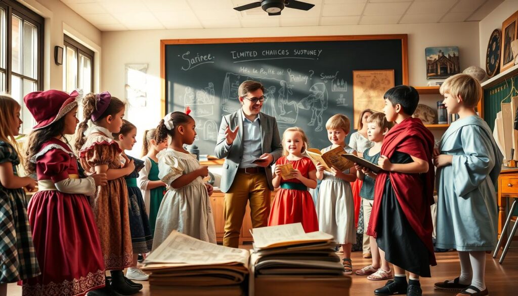 A vibrant classroom scene that captures the spirit of history costumes and their role in sparking curiosity. In the foreground, a diverse group of children, dressed in colorful period costumes such as a Victorian dress, a Renaissance outfit, and a Roman toga, are engaged in playful interaction, examining historical props like old maps and books. In the middle, a teacher, wearing a smart casual outfit, enthusiastically guides them, gesturing towards a chalkboard filled with historical illustrations. The background features large windows filtering warm, natural light, casting soft shadows over vintage-style decor. The atmosphere is lively and inspiring, radiating a sense of wonder and imagination. Use a slight low-angle perspective to emphasize the children's expressions of curiosity and excitement, with a depth of field that blurs the far details slightly.