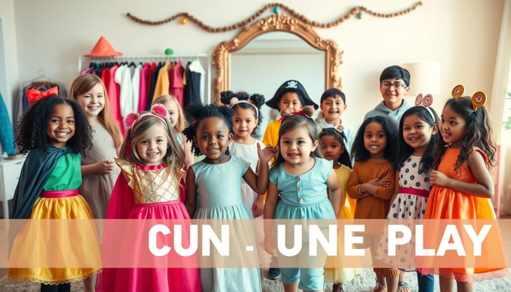 A vibrant scene celebrating uniqueness through dress-up play. In the foreground, a diverse group of children of various ethnicities is joyfully engaged in imaginative play, wearing a mixture of colorful, whimsical costumes that reflect their creativity, such as capes, princess dresses, pirate hats, and animal outfits. In the middle ground, a beautifully decorated room filled with costumes and accessories creates an inviting atmosphere. Soft, warm lighting enhances the scene, casting gentle shadows and highlighting the playful expressions on the children's faces. In the background, a large mirror reflects their joyful antics, symbolizing self-discovery. The overall mood is uplifting and empowering, capturing the essence of building self-esteem through creative expression and celebration of individuality. A vibrant scene celebrating uniqueness through dress-up play. In the foreground, a diverse group of children of various ethnicities is joyfully engaged in imaginative play, wearing a mixture of colorful, whimsical costumes that reflect their creativity, such as capes, princess dresses, pirate hats, and animal outfits. In the middle ground, a beautifully decorated room filled with costumes and accessories creates an inviting atmosphere. Soft, warm lighting enhances the scene, casting gentle shadows and highlighting the playful expressions on the children's faces. In the background, a large mirror reflects their joyful antics, symbolizing self-discovery. The overall mood is uplifting and empowering, capturing the essence of building self-esteem through creative expression and celebration of individuality.