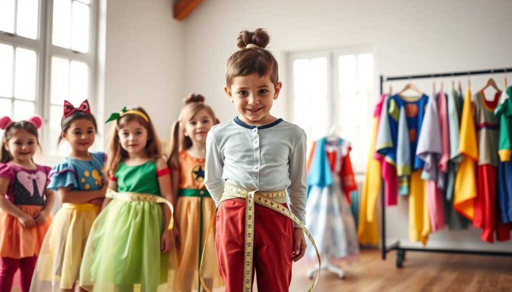 A bright, well-lit children's costume fitting session in a spacious, cozy studio. In the foreground, a diverse group of children, aged 4 to 8, wearing colorful fantasy costumes, stand in front of a measuring tape and a friendly adult in professional casual attire, assisting with adjustments. The middle section shows a detailed measuring tape wrapped around a child's waist, emphasizing safety fit measurements and mobility. In the background, various costumes hung on racks, showcasing vibrant fabrics and styles, with soft, natural light filtering through large windows. The atmosphere is cheerful and safe, capturing the excitement of costume fitting while ensuring mobility and comfort for young wearers.