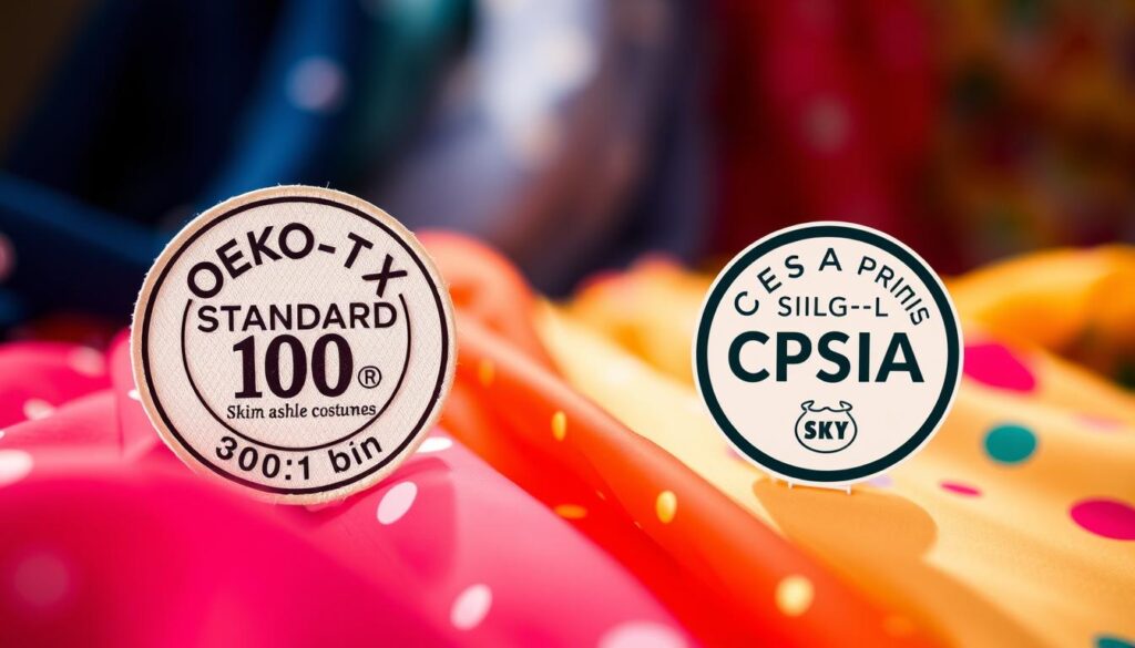 A close-up view of OEKO-TEX Standard 100 and CPSIA safety labels, prominently displayed on a variety of colorful textile samples. In the foreground, the labels are crisply detailed, showcasing their unique designs and certification marks. The middle section features a soft, blurred assortment of enchanting fabrics in rich hues, like deep blues, vibrant reds, and whimsical patterns, suggesting their use in fairytale costumes. The background is gracefully illuminated with natural light, creating a warm atmosphere. The overall mood conveys a sense of safety and assurance, with a focus on skin-friendly qualities. The composition should have a shallow depth of field to emphasize the labels and textiles while remaining free of any text or distractions.