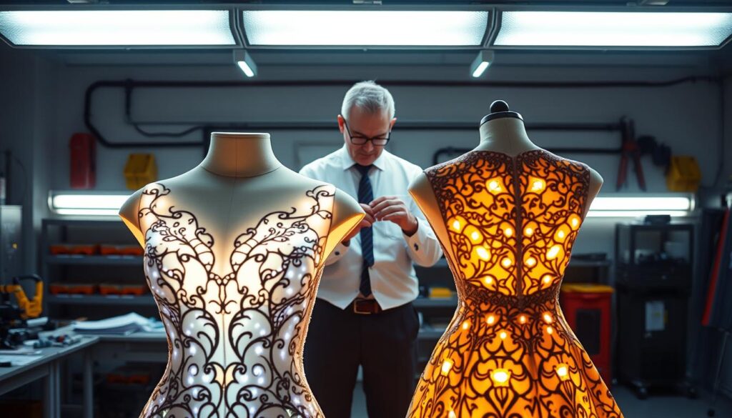 A visually striking image of a professional display featuring an LED-integrated costume, showcasing safety measures. In the foreground, a cleverly designed gown with embedded LED lights illuminates softly, revealing intricate patterns that highlight its craftsmanship. These lights should be shown in a way that demonstrates their safety and compliance, avoiding any risk of overheating. In the middle, a person dressed in professional attire examines the gown, demonstrating an air of expertise and focus on safety, with tools and notes spread around, hinting at technical assessment. The background includes a well-organized workshop setting with safety equipment, bright lights highlighting the craftsmanship, and a neutral atmosphere that conveys professionalism and attentiveness to safety guidelines. The mood is informative and safety-conscious, emphasizing the integration of LED technology in costume design.
