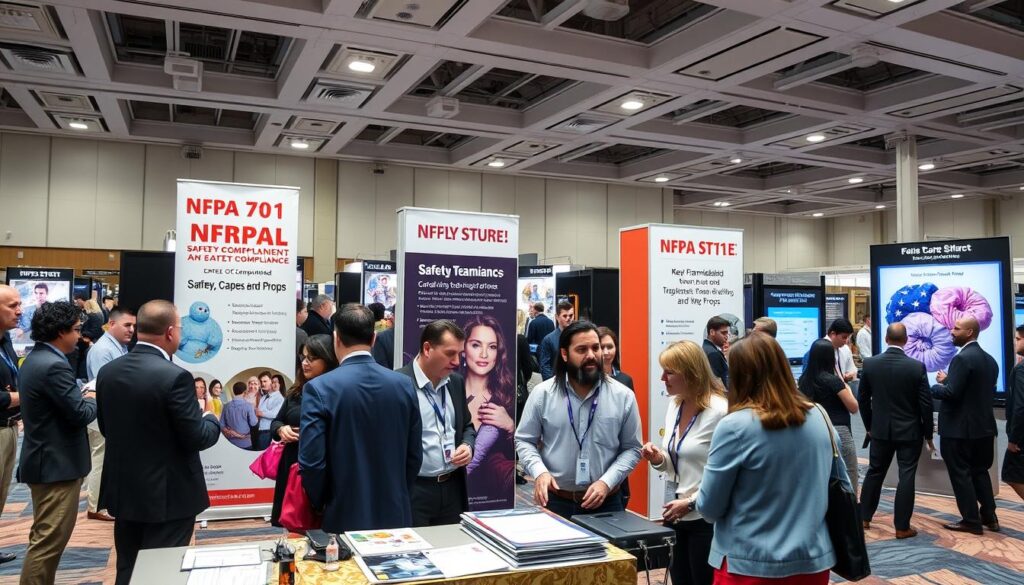 A well-organized exhibition space dedicated to NFPA 701 event safety compliance, set in a brightly lit convention hall. In the foreground, a diverse group of professionals in business attire engage in discussions, examining safety compliance documents on a table. In the middle, banners and posters highlight key flammability standards and safety protocols for gowns, capes, and props, showcasing vibrant colors and clear graphics. In the background, attractive LED displays with safety features catch the eye, while attendees interact with informative exhibits. Soft, diffused lighting enhances the atmosphere of professionalism and care while creating a sense of urgency around safety. The wide-angle perspective captures the bustling environment, emphasizing the importance of event policies in a safe and responsible manner.